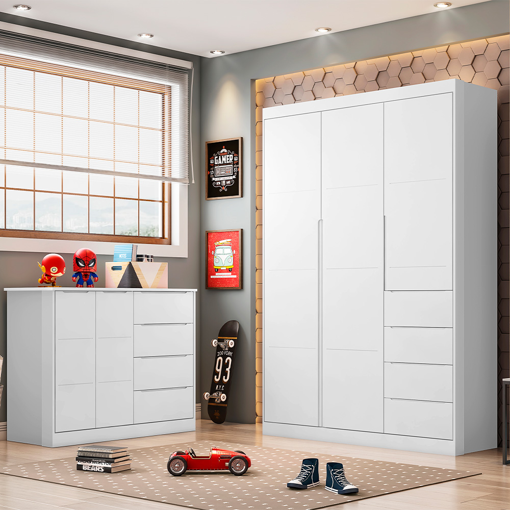 Jogo de Quarto Infantil Guarda Roupa 3 Portas e Cômoda 4 Gavetas Lilly P04 Branco - Mpozenato
