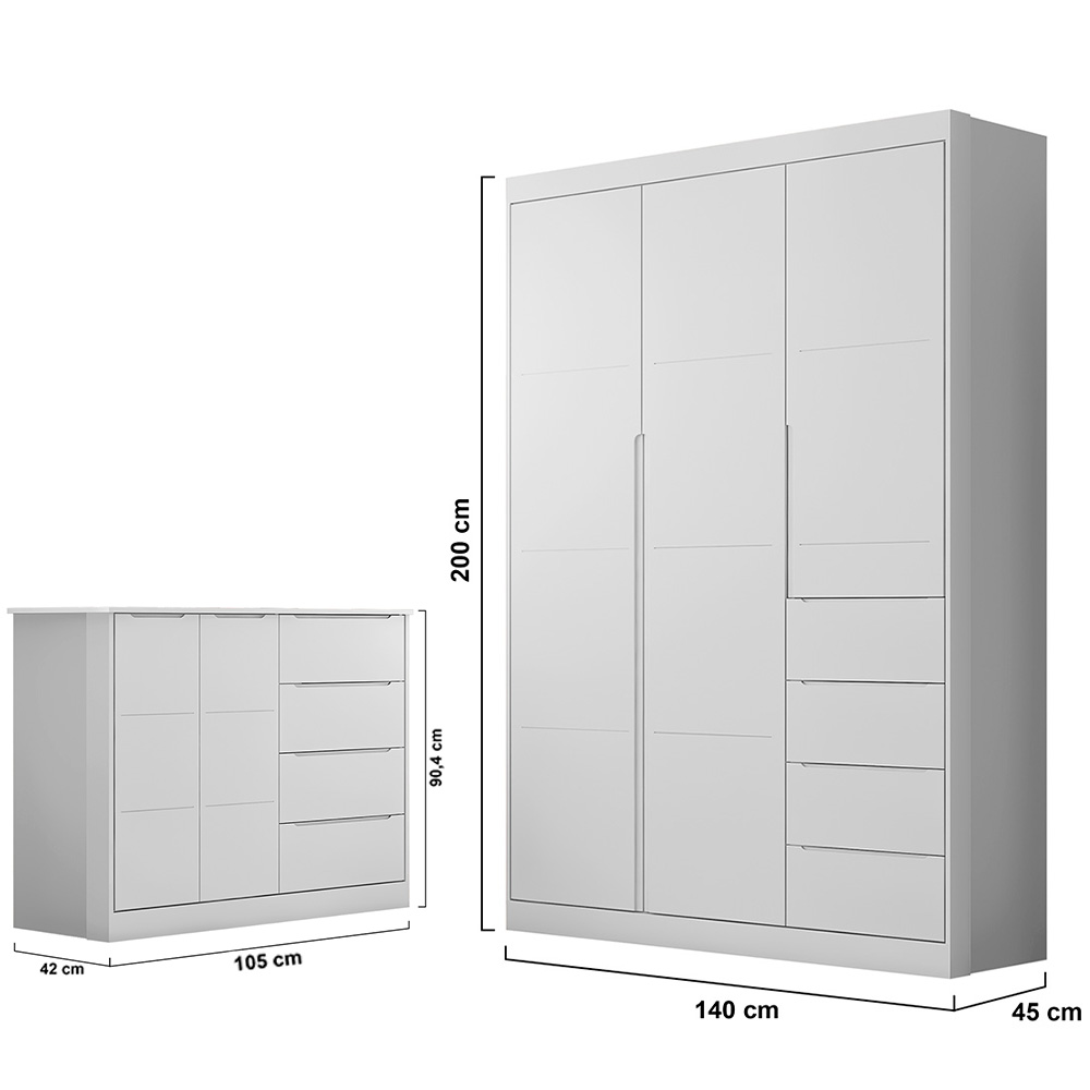 Jogo de Quarto Infantil Guarda Roupa 3 Portas e Cômoda 4 Gavetas Lilly P04 Branco - Mpozenato