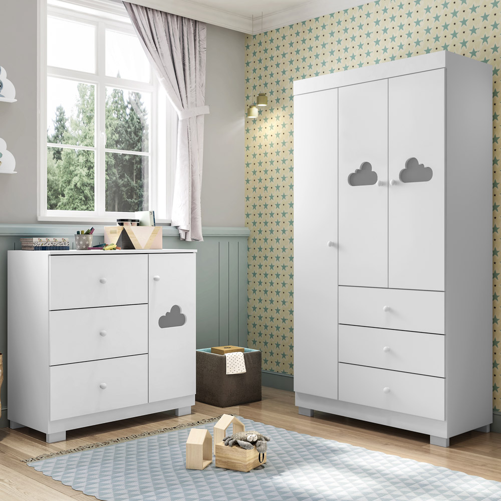 Jogo de Quarto Infantil Guarda Roupa 4 Portas e Cômoda 3 Gavetas Amora P04 Branco - Mpozenato