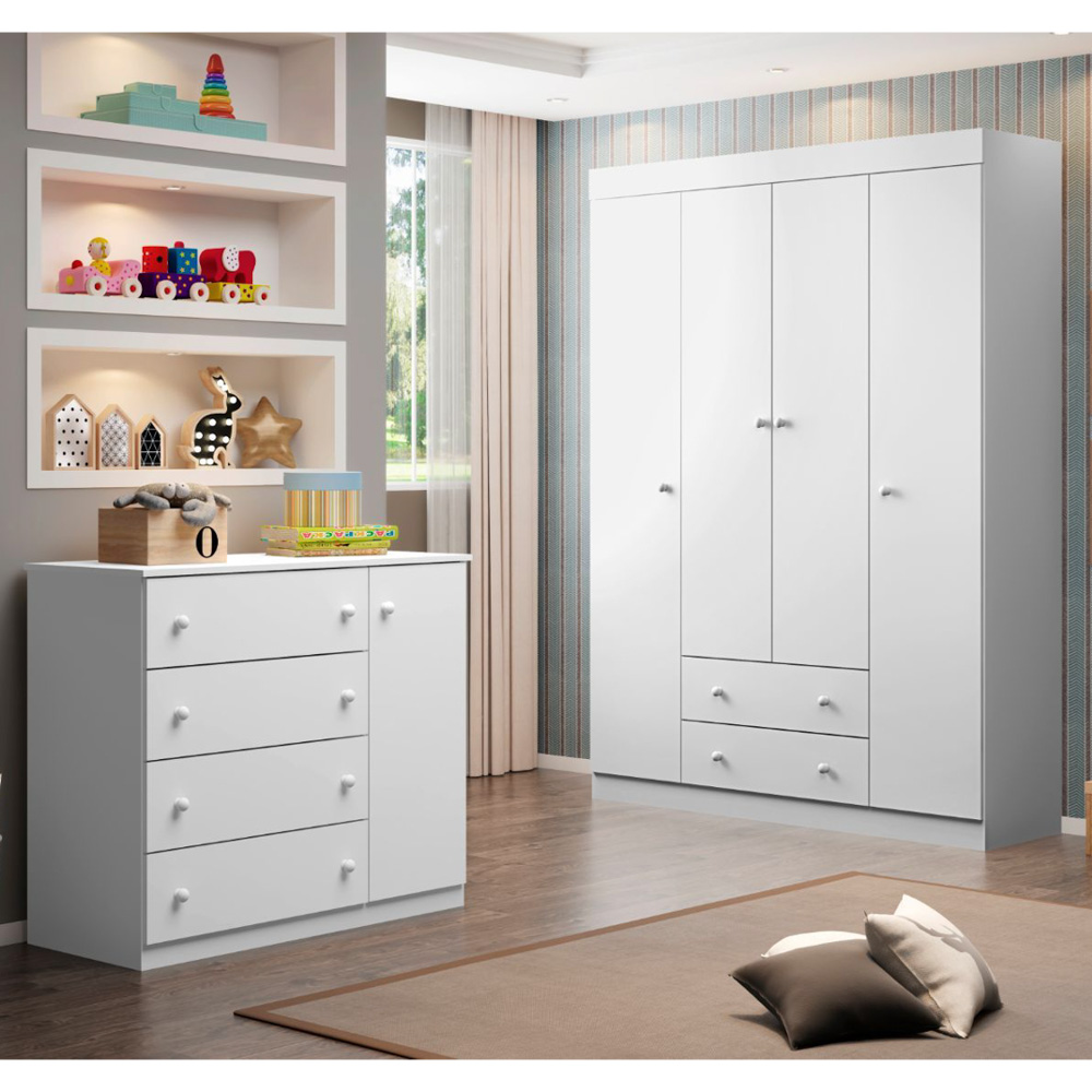 Jogo de Quarto Infantil Guarda Roupa 4 Portas e Cômoda 4 Gavetas Ellie P04 Branco - Mpozenato