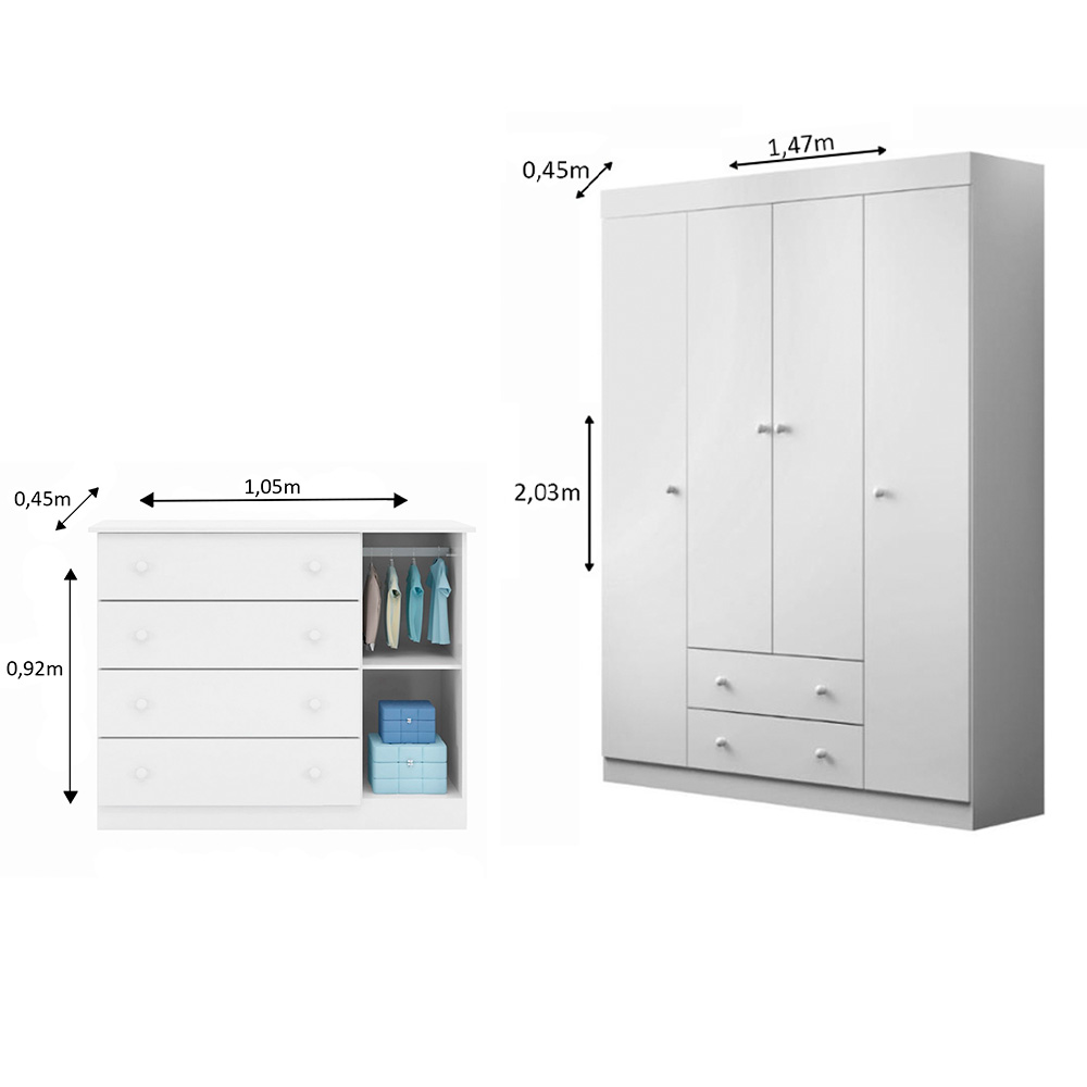 Jogo de Quarto Infantil Guarda Roupa 4 Portas e Cômoda 4 Gavetas Ellie P04 Branco - Mpozenato