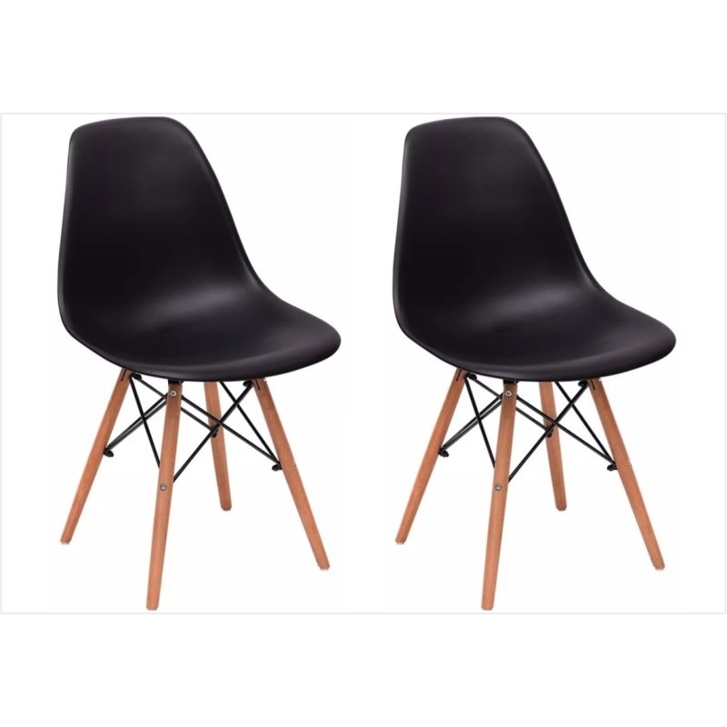 Kit 02 Cadeiras Eiffel Charles Eames Preta com Base de Madeira DSW