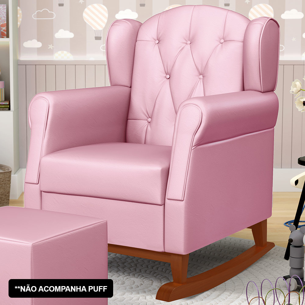 Kit 02 Poltronas de Amamentação Base de Madeira Balanço Lucy P04 Sintético Rosa - Mpozenato