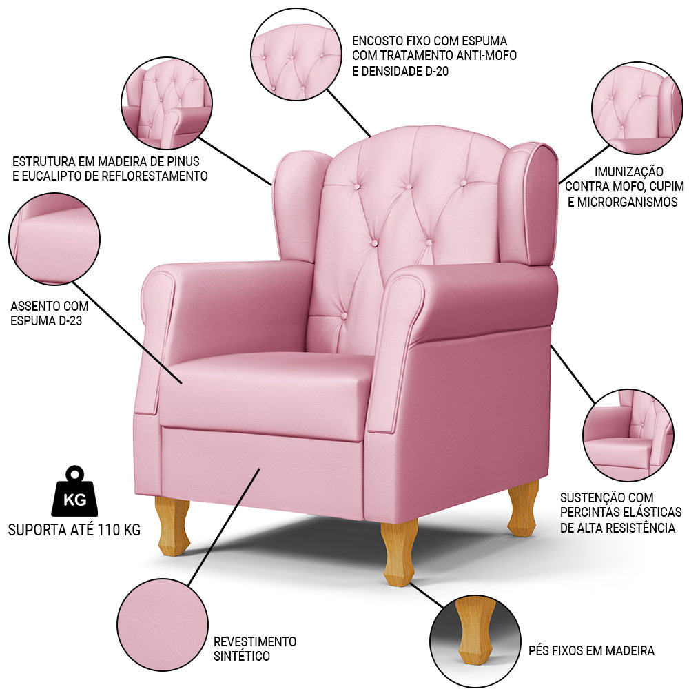 Kit 02 Poltronas de Amamentação e Descanso Pés Madeira Lucy P04 Sintético Rosa - Mpozenato