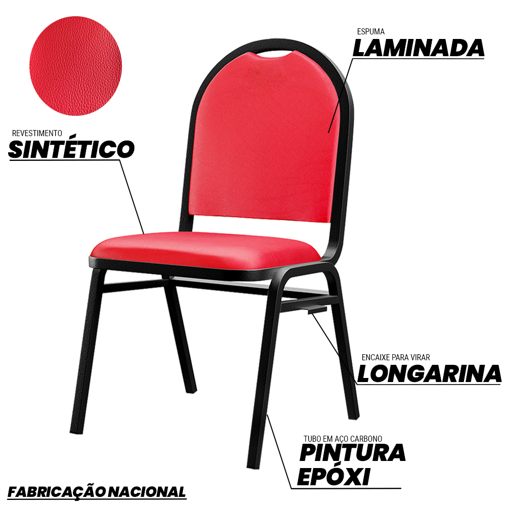 Kit 10 Cadeiras Hoteleiras Auditório Empilhável Sintético M23 Vermelho - Mpozenato