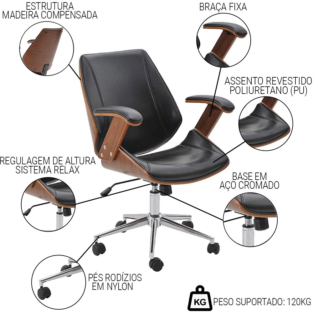 Kit 2 Cadeiras de Escritório Diretor Giratória Liziê R02 Madeira Sintético Marrom/Preto - Mpozenato