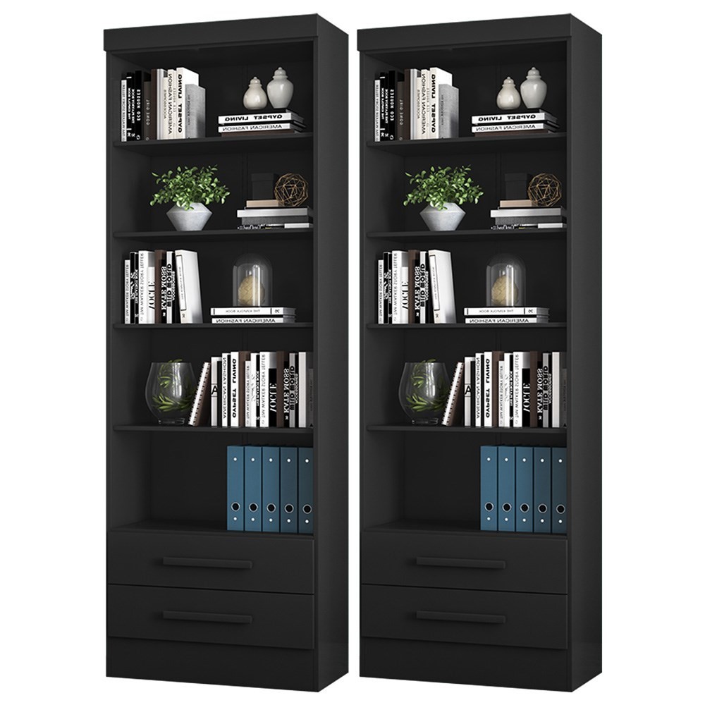 Kit 2 Estantes Livreiro Multiuso 2 Gavetas e 5 Prateleiras Fancy Q01 Preto Fosco - Mpozenato