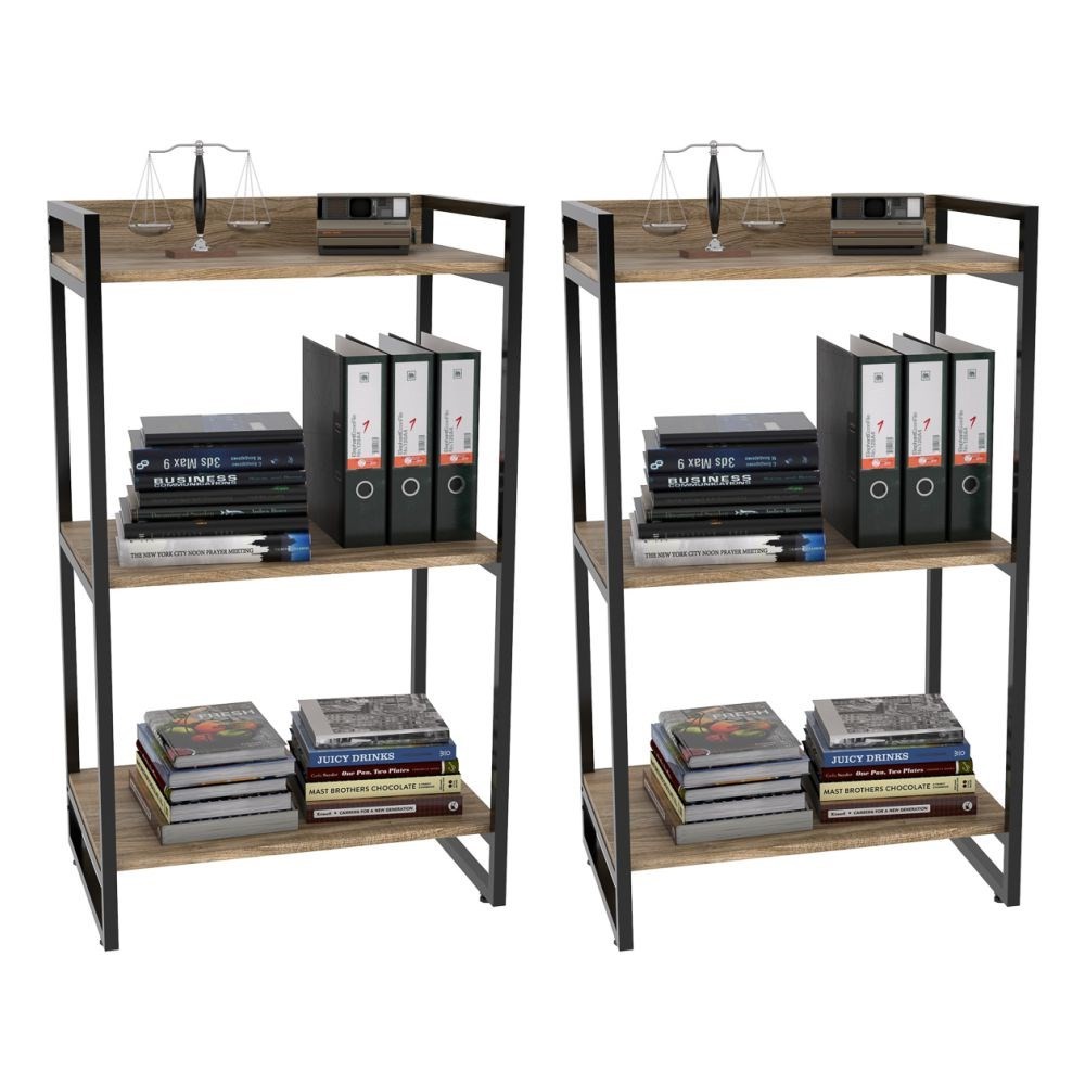 Kit 2 Estantes Livreiro Multiuso Prisma Estilo Industrial 60cm 3 Prateleiras C08 Carvalho - Mpozenato