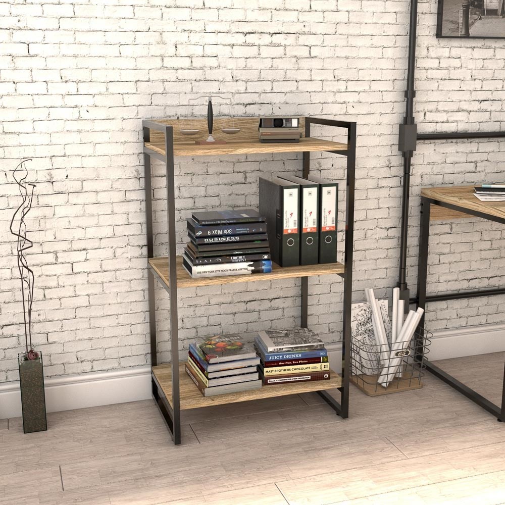 Kit 2 Estantes Livreiro Multiuso Prisma Estilo Industrial 60cm 3 Prateleiras C08 Carvalho - Mpozenato