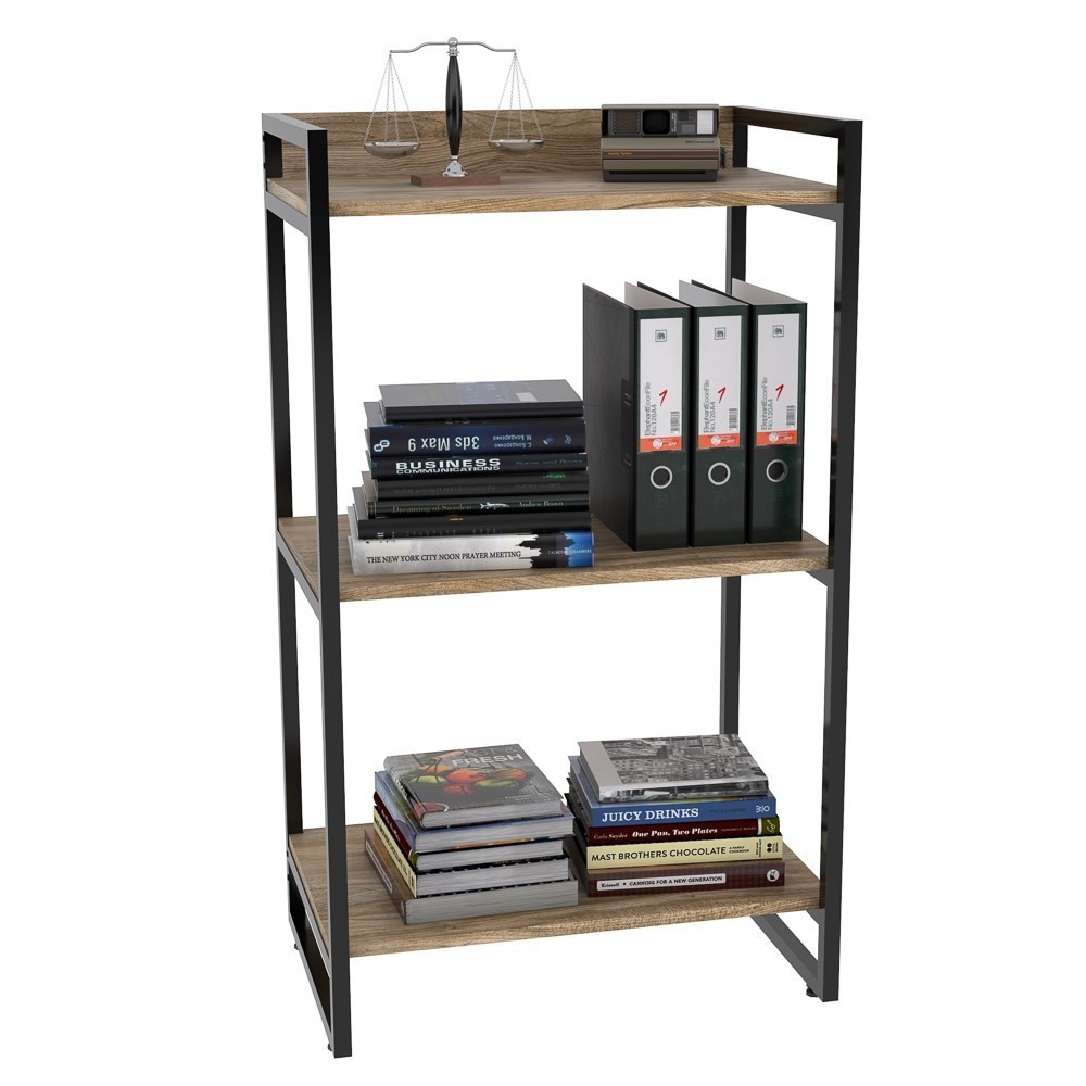 Kit 2 Estantes Livreiro Multiuso Prisma Estilo Industrial 60cm 3 Prateleiras C08 Carvalho - Mpozenato