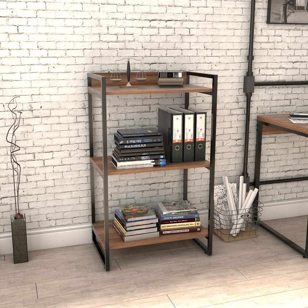 Kit 2 Estantes Livreiro Multiuso Prisma Estilo Industrial 60cm 3 Prateleiras C08 Nogal - Mpozenato