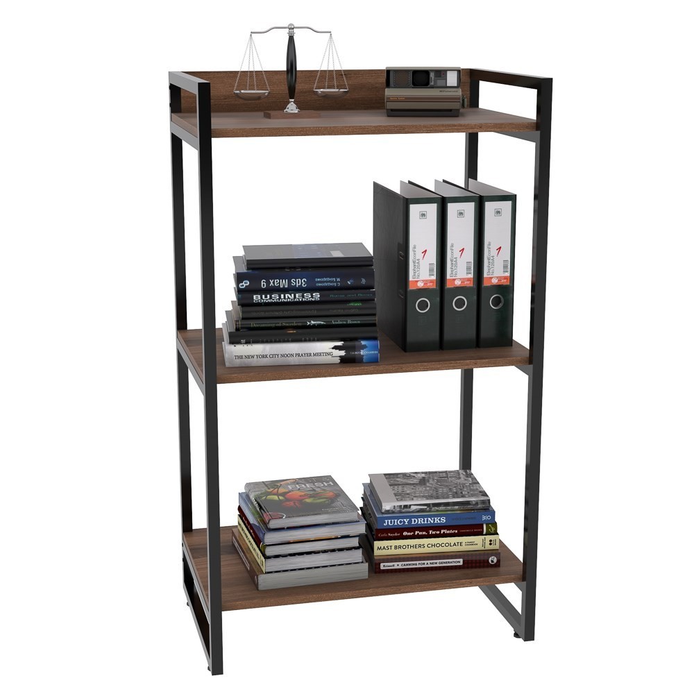 Kit 2 Estantes Livreiro Multiuso Prisma Estilo Industrial 60cm 3 Prateleiras C08 Nogal - Mpozenato