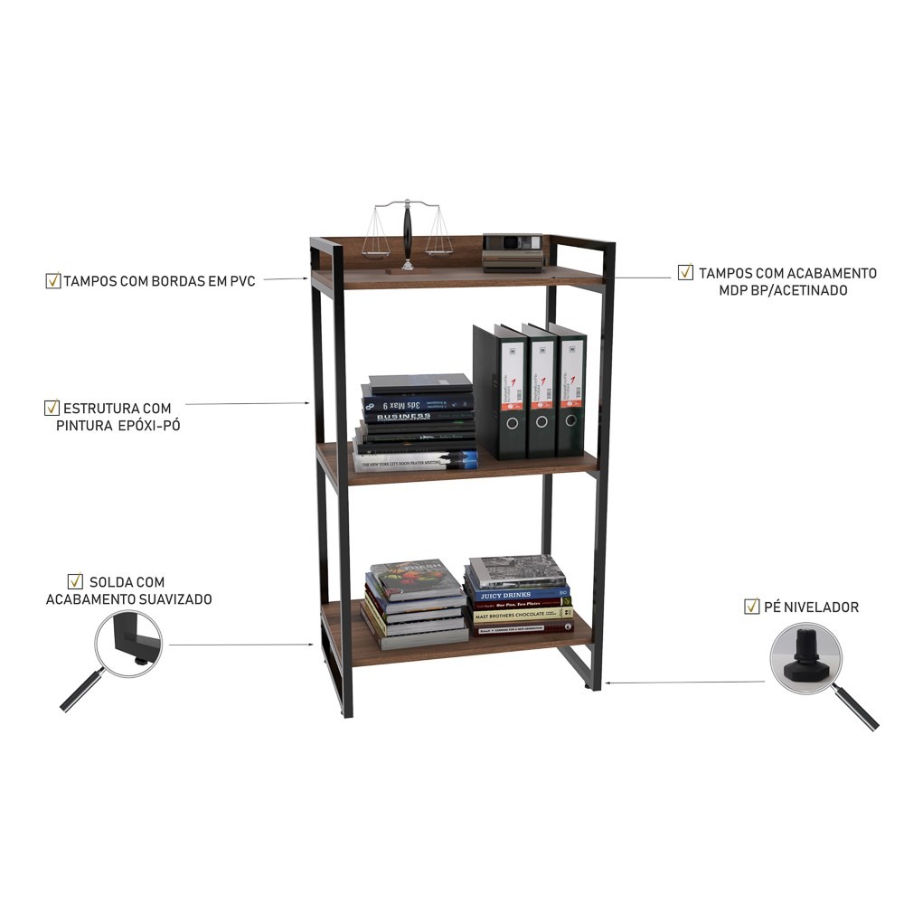 Kit 2 Estantes Livreiro Multiuso Prisma Estilo Industrial 60cm 3 Prateleiras C08 Nogal - Mpozenato