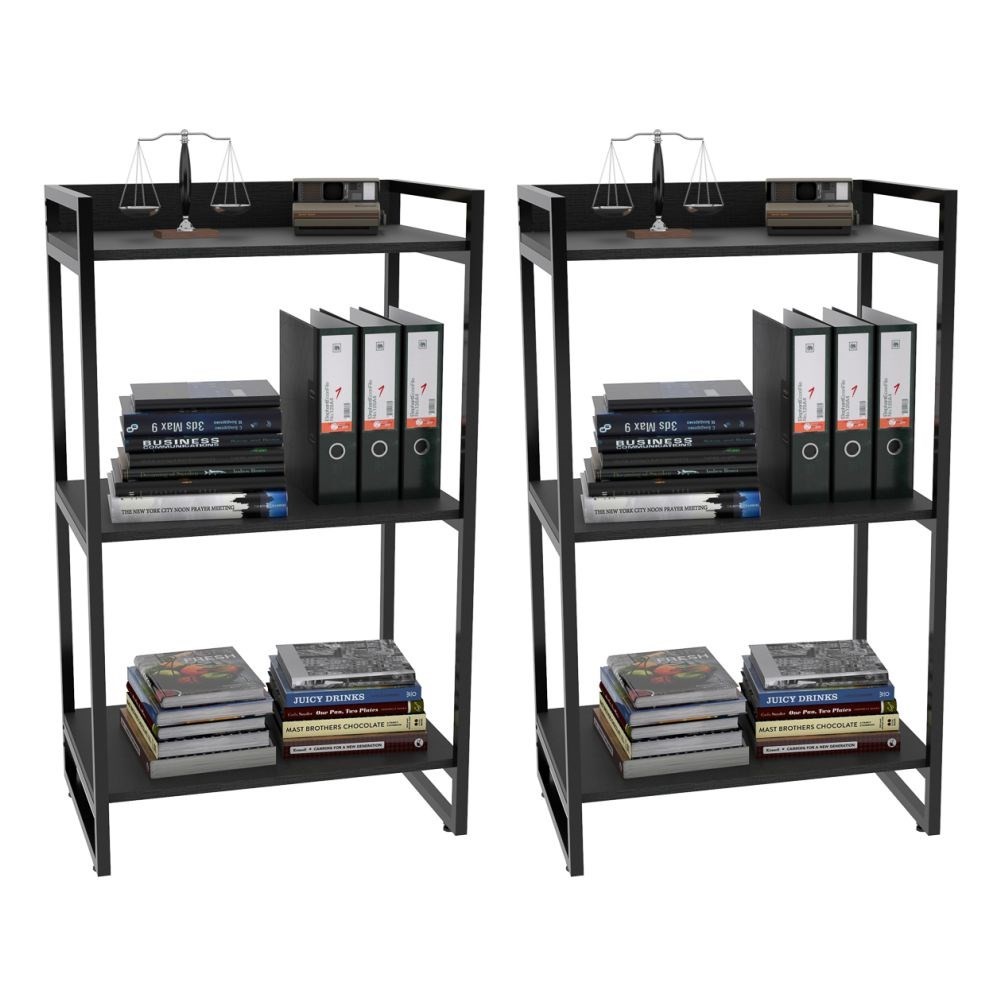 Kit 2 Estantes Livreiro Multiuso Prisma Estilo Industrial 60cm 3 Prateleiras C08 Preto Onix - Mpozenato