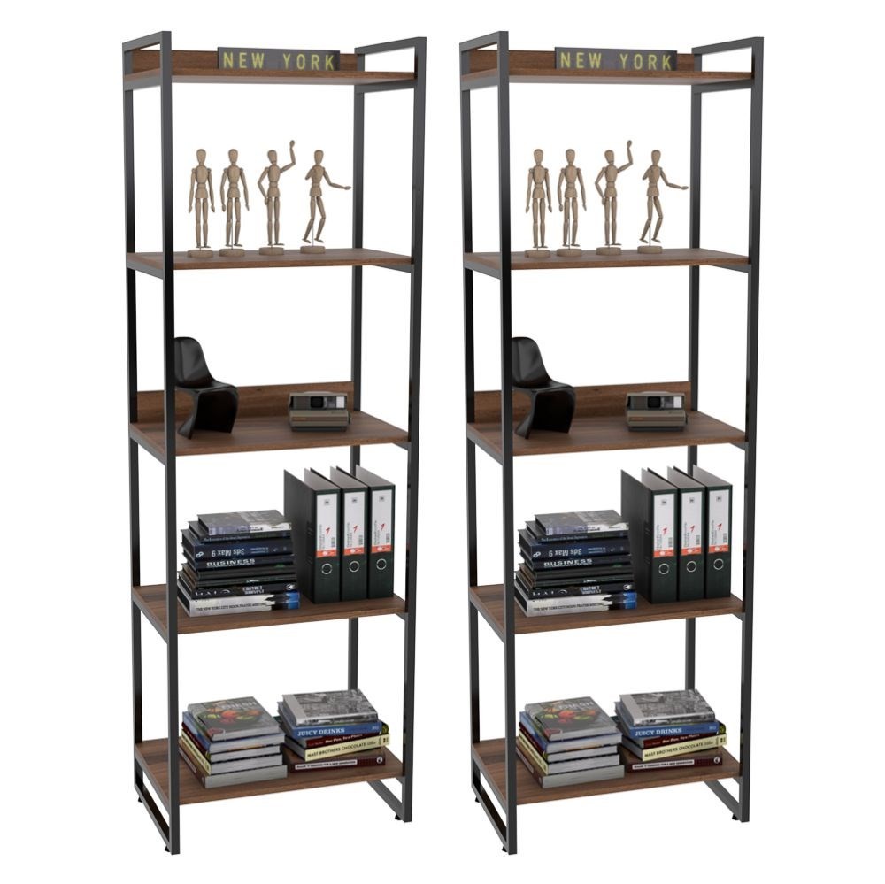Kit 2 Estantes Livreiro Multiuso Prisma Estilo Industrial 60cm 5 Prateleiras C08 Nogal - Mpozenato