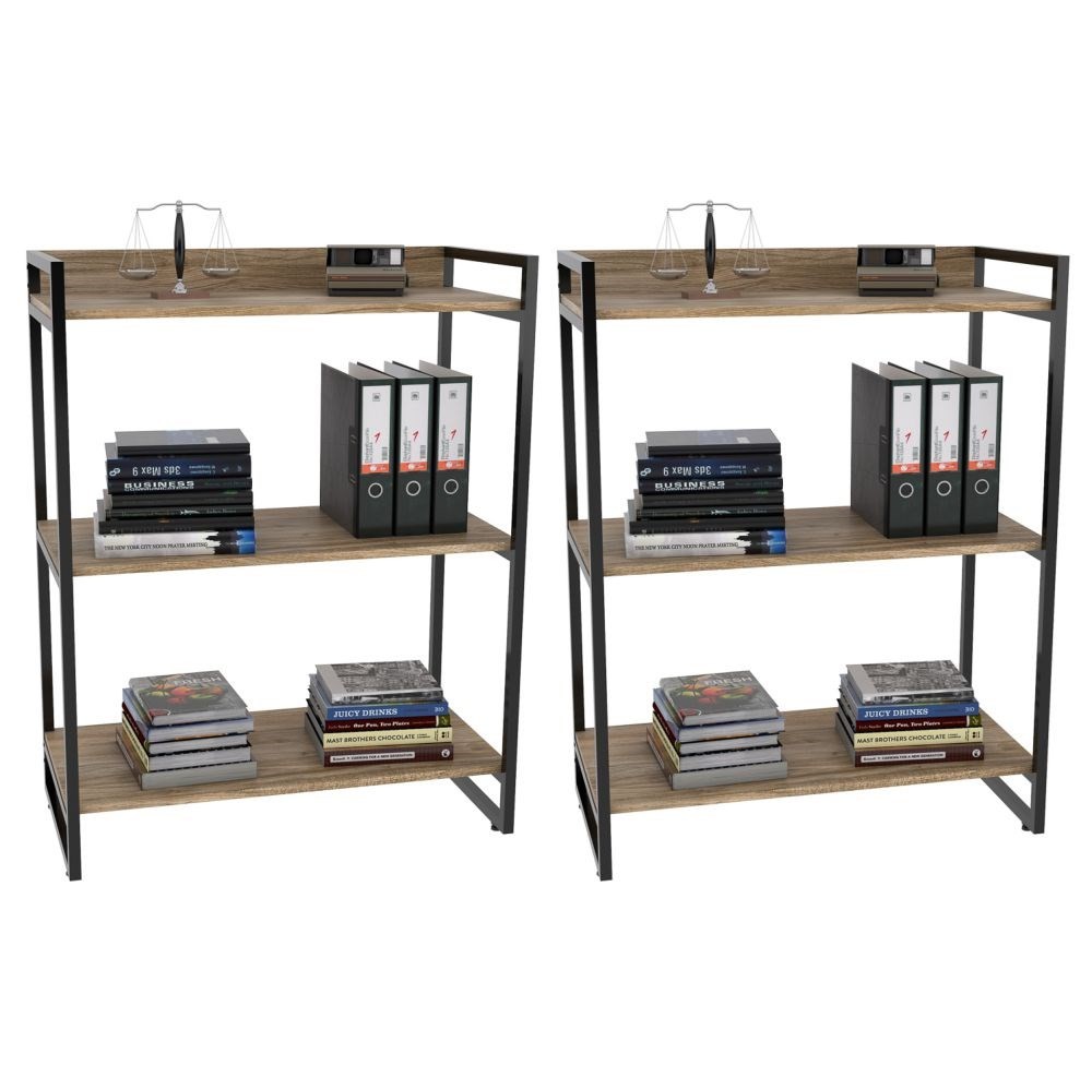 Kit 2 Estantes Livreiro Multiuso Prisma Estilo Industrial 80cm 3 Prateleiras C08 Carvalho - Mpozenato