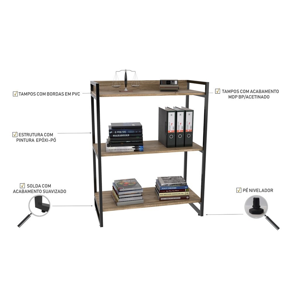 Kit 2 Estantes Livreiro Multiuso Prisma Estilo Industrial 80cm 3 Prateleiras C08 Carvalho - Mpozenato