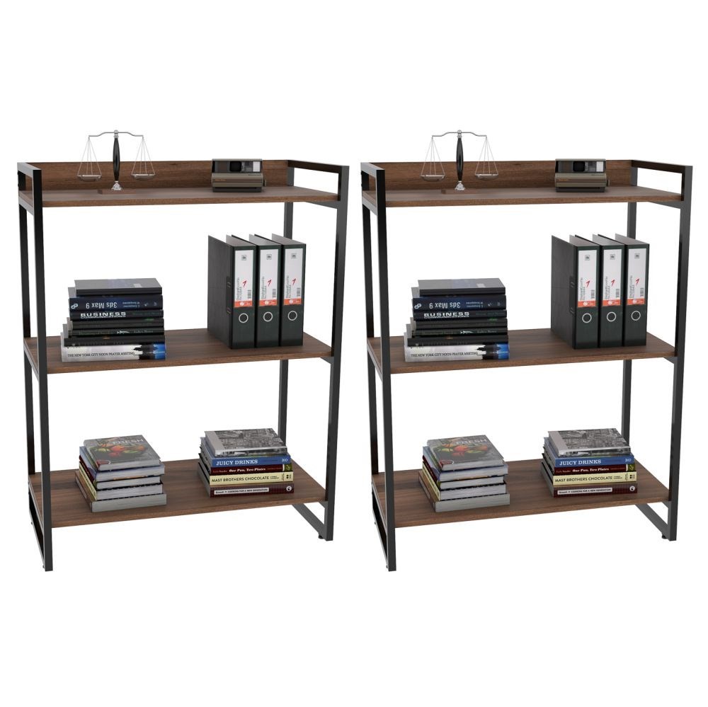 Kit 2 Estantes Livreiro Multiuso Prisma Estilo Industrial 80cm 3 Prateleiras C08 Nogal - Mpozenato