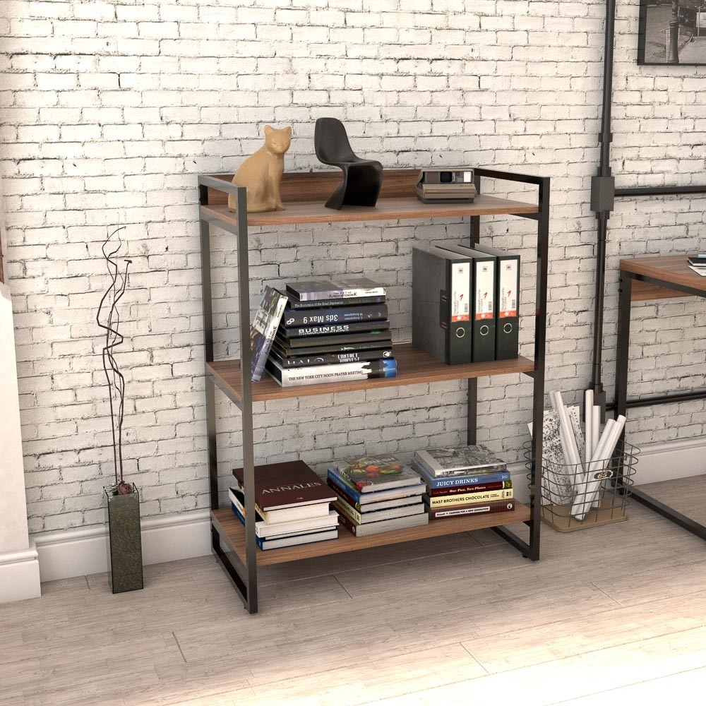 Kit 2 Estantes Livreiro Multiuso Prisma Estilo Industrial 80cm 3 Prateleiras C08 Nogal - Mpozenato