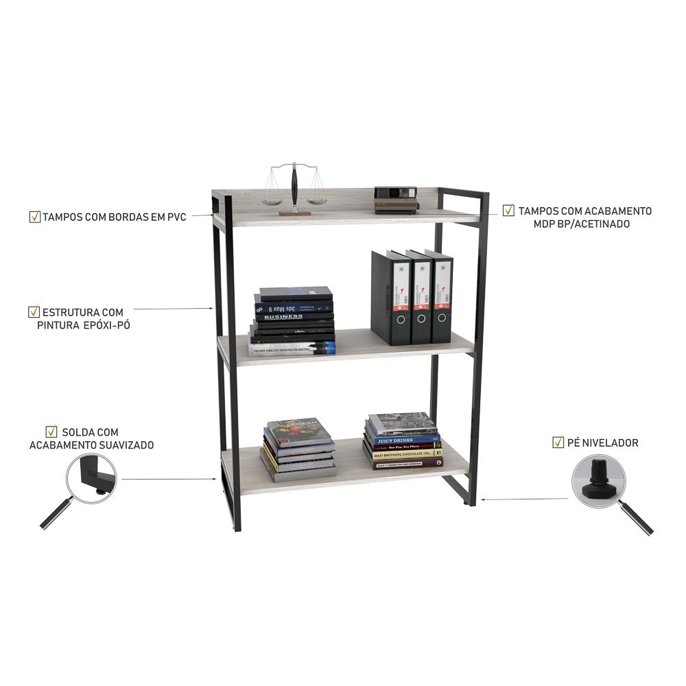 Kit 2 Estantes Livreiro Multiuso Prisma Estilo Industrial 80cm 3 Prateleiras C08 Snow - Mpozenato