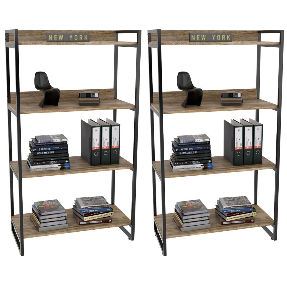 Kit 2 Estantes Livreiro Multiuso Prisma Estilo Industrial 80cm 4 Prateleiras C08 Carvalho - Mpozenato