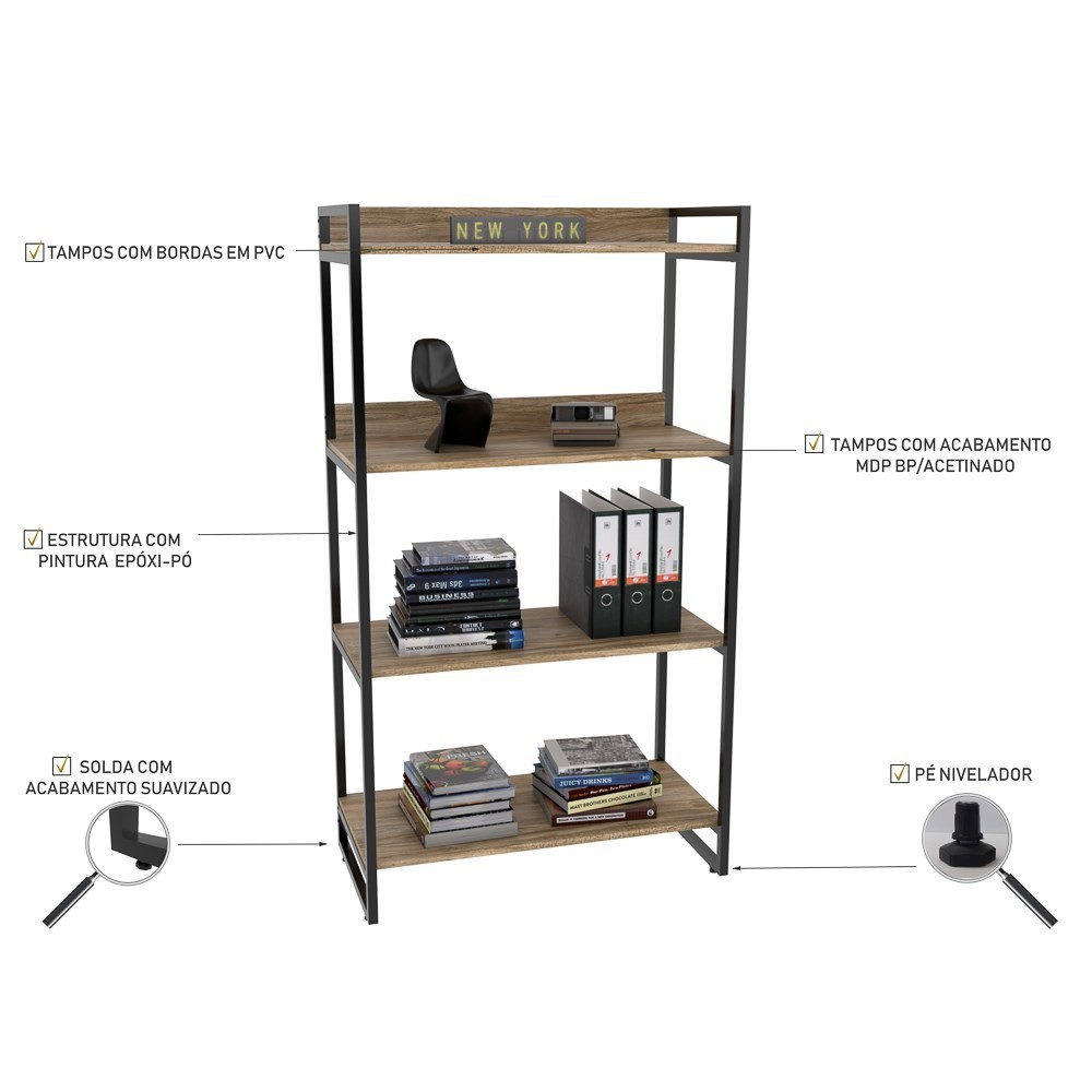 Kit 2 Estantes Livreiro Multiuso Prisma Estilo Industrial 80cm 4 Prateleiras C08 Carvalho - Mpozenato