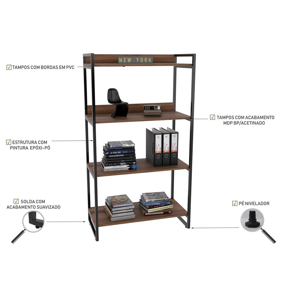 Kit 2 Estantes Livreiro Multiuso Prisma Estilo Industrial 80cm 4 Prateleiras C08 Nogal - Mpozenato