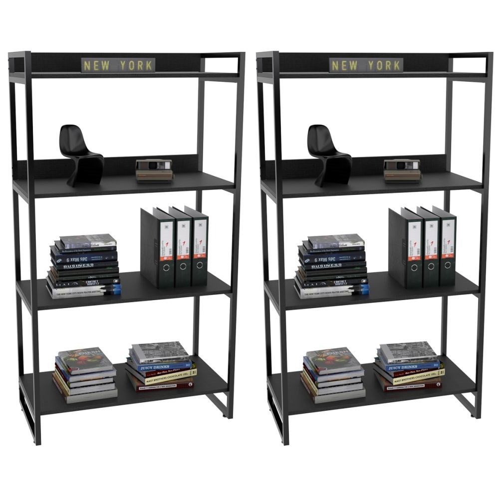Kit 2 Estantes Livreiro Multiuso Prisma Estilo Industrial 80cm 4 Prateleiras C08 Preto Onix - Mpozenato