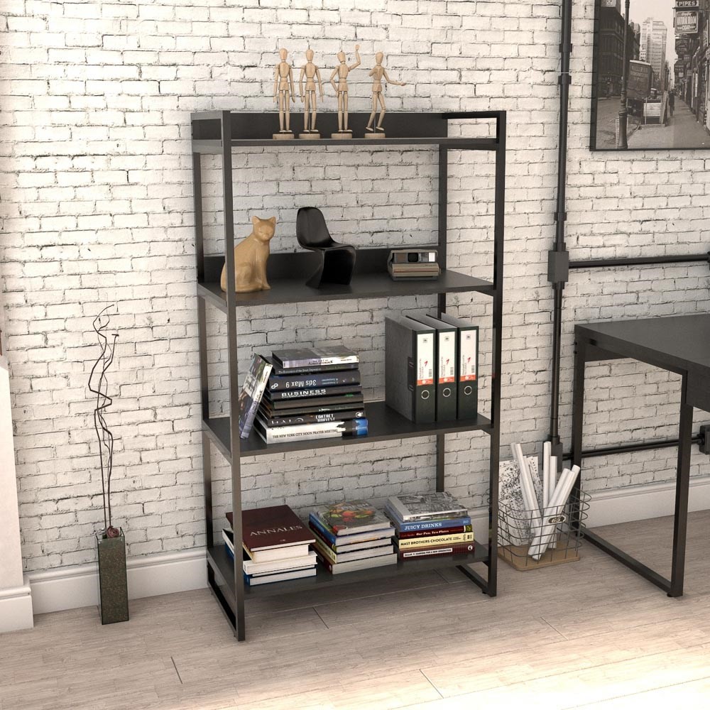 Kit 2 Estantes Livreiro Multiuso Prisma Estilo Industrial 80cm 4 Prateleiras C08 Preto Onix - Mpozenato