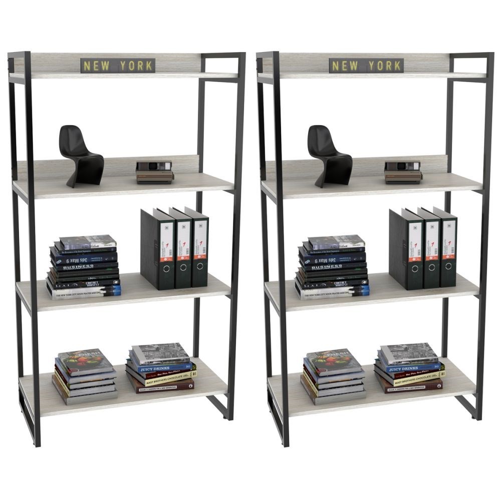 Kit 2 Estantes Livreiro Multiuso Prisma Estilo Industrial 80cm 4 Prateleiras C08 Snow - Mpozenato