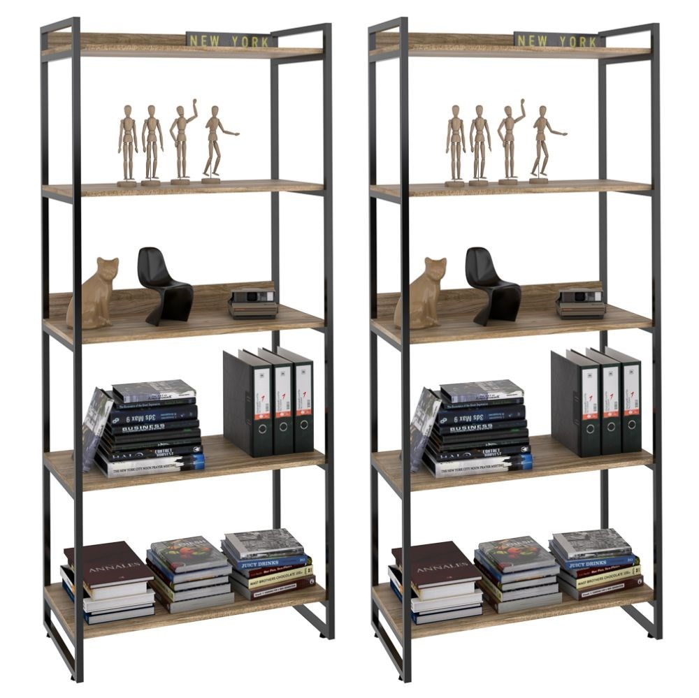 Kit 2 Estantes Livreiro Multiuso Prisma Estilo Industrial 80cm 5 Prateleiras C08 Carvalho - Mpozenato