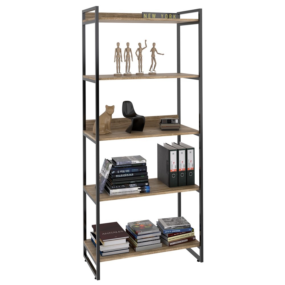 Kit 2 Estantes Livreiro Multiuso Prisma Estilo Industrial 80cm 5 Prateleiras C08 Carvalho - Mpozenato