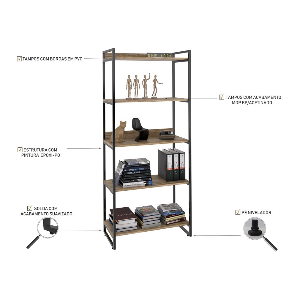 Kit 2 Estantes Livreiro Multiuso Prisma Estilo Industrial 80cm 5 Prateleiras C08 Nogal - Mpozenato