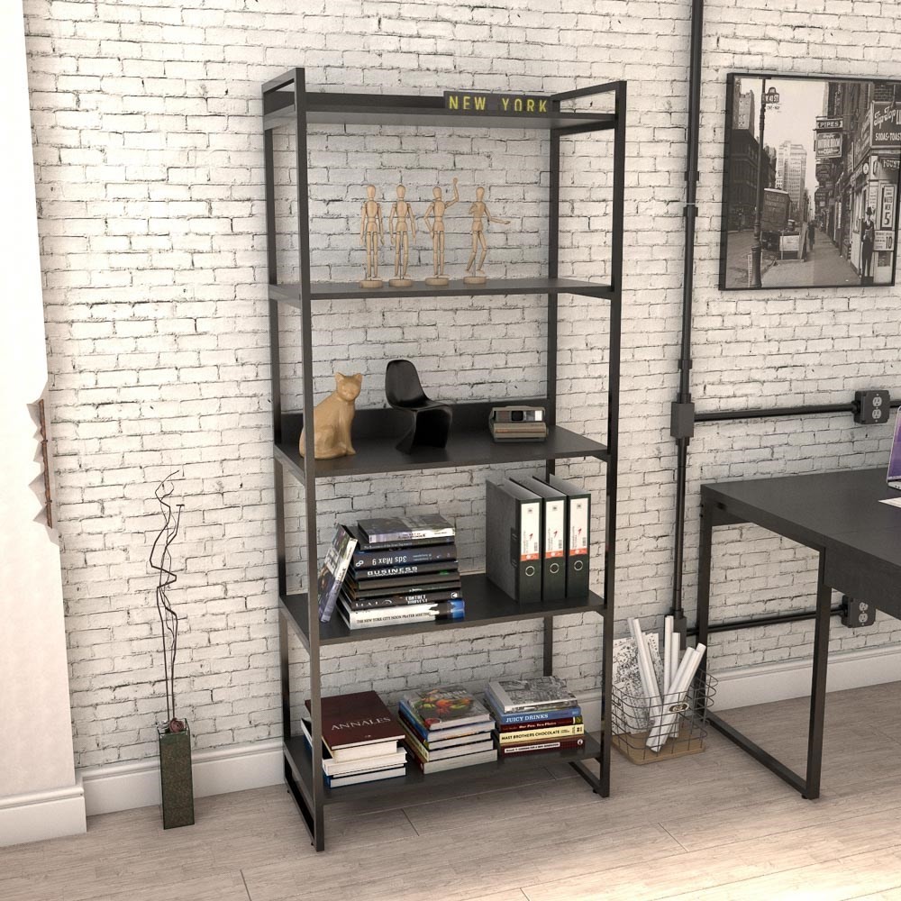 Kit 2 Estantes Livreiro Multiuso Prisma Estilo Industrial 80cm 5 Prateleiras C08 Preto Onix - Mpozenato