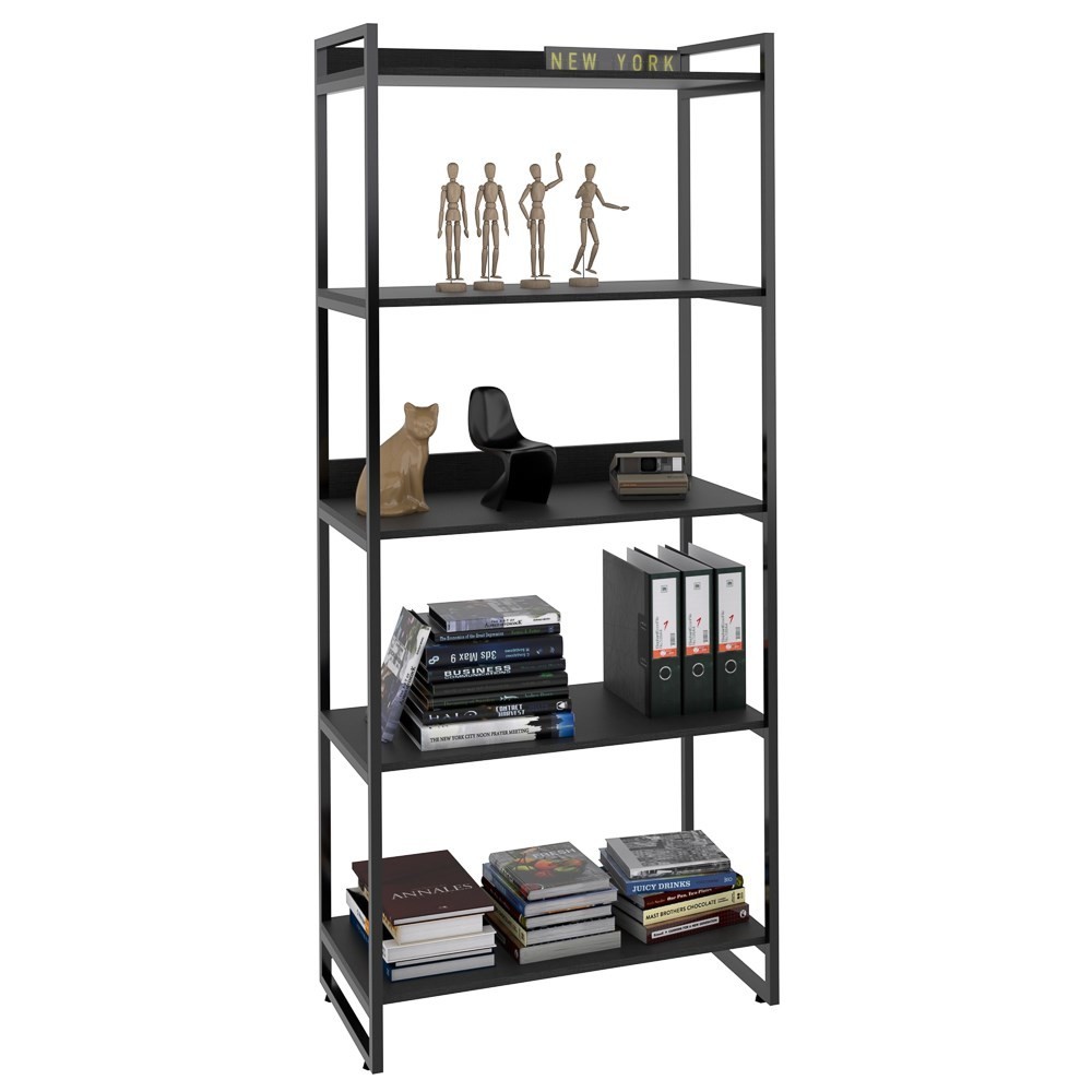 Kit 2 Estantes Livreiro Multiuso Prisma Estilo Industrial 80cm 5 Prateleiras C08 Preto Onix - Mpozenato