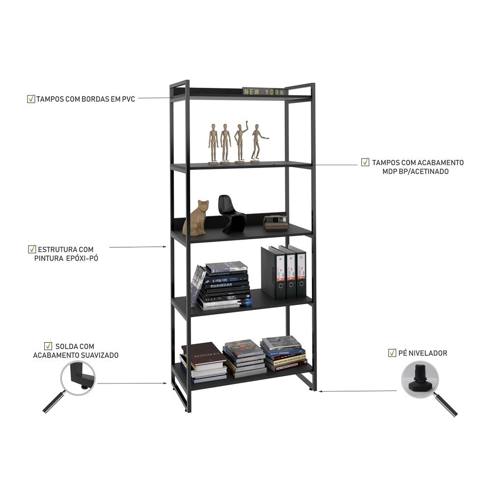 Kit 2 Estantes Livreiro Multiuso Prisma Estilo Industrial 80cm 5 Prateleiras C08 Preto Onix - Mpozenato