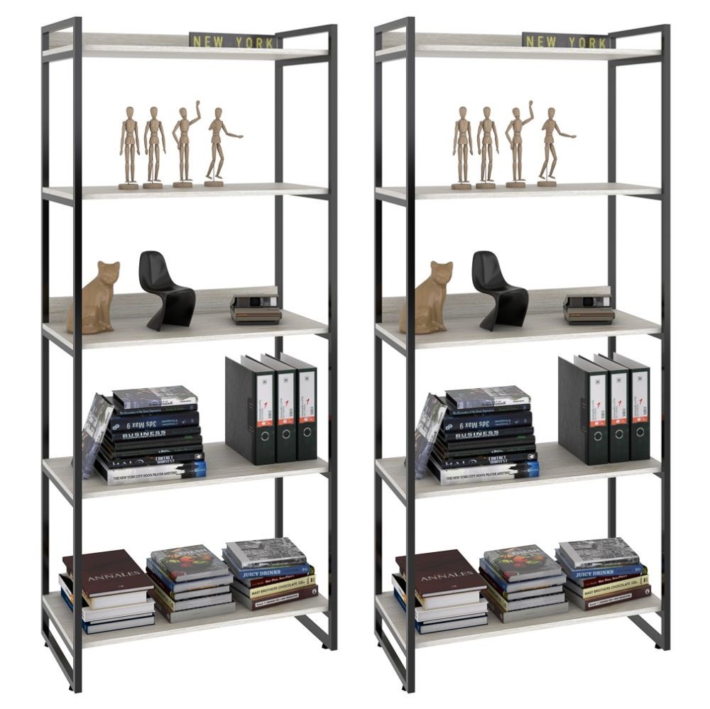 Kit 2 Estantes Livreiro Multiuso Prisma Estilo Industrial 80cm 5 Prateleiras C08 Snow - Mpozenato