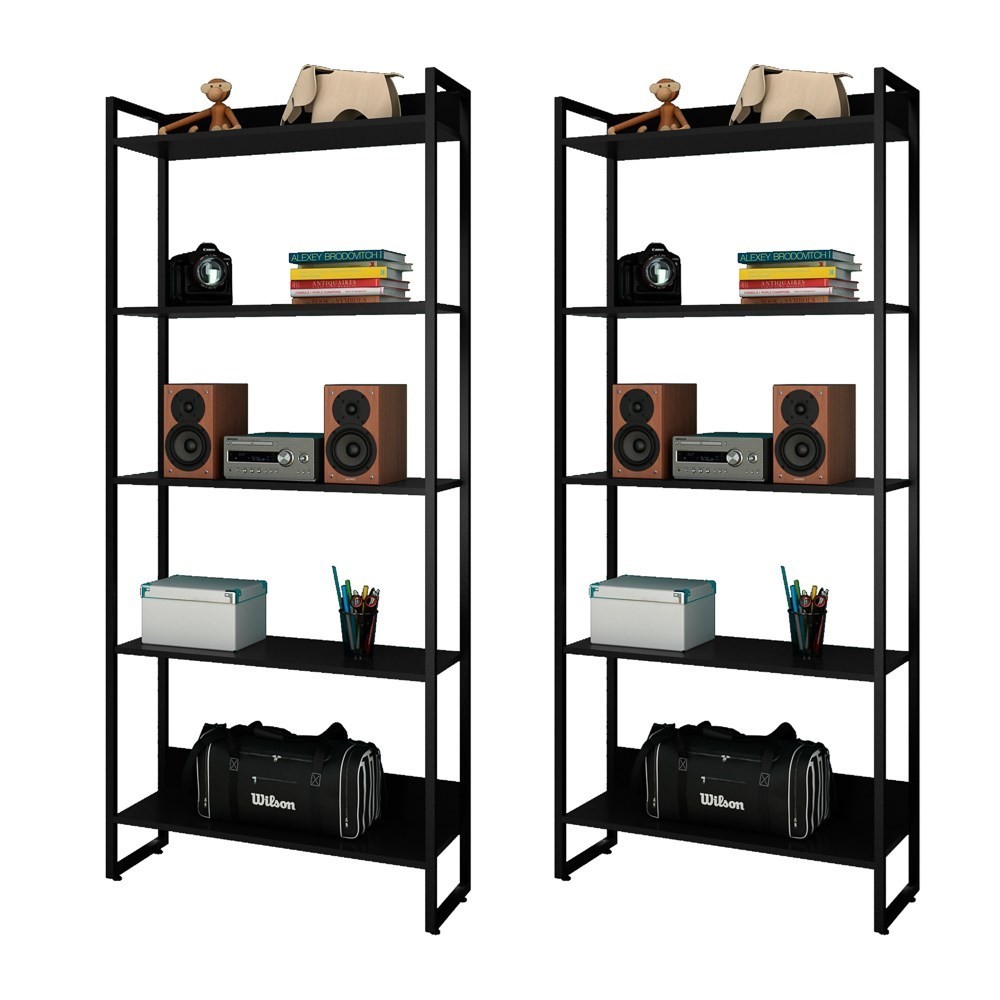 Kit 2 Estantes Livreiro Studio Industrial M18 Preto - Mpozenato