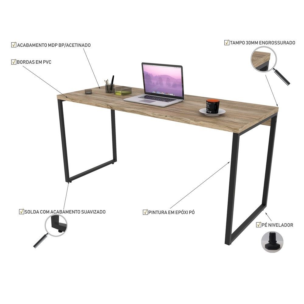Kit 2 Mesas de Escritório Office 150cm Estilo Industrial Prisma C08 Carvalho - Mpozenato