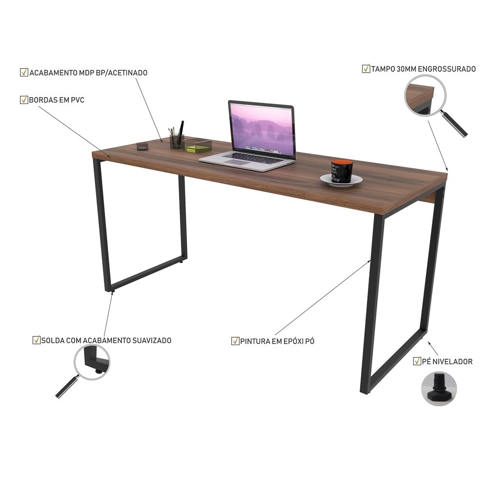 Kit 2 Mesas de Escritório Office 150cm Estilo Industrial Prisma C08 Nogal - Mpozenato