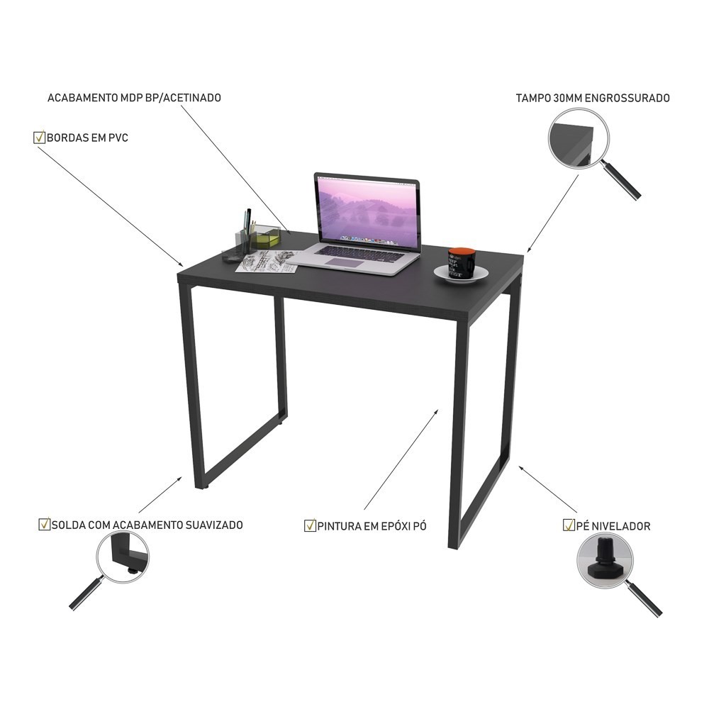 Kit 2 Mesas de Escritório Office 90cm Estilo Industrial Prisma C08 Preto Onix - Mpozenato