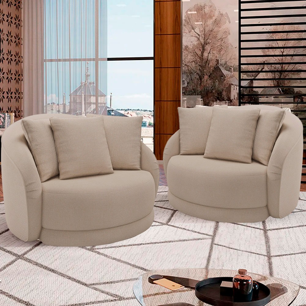 Kit 2 Poltronas Decorativa Giratória para Sala Kaly M22 Linho Cru - Mpozenato