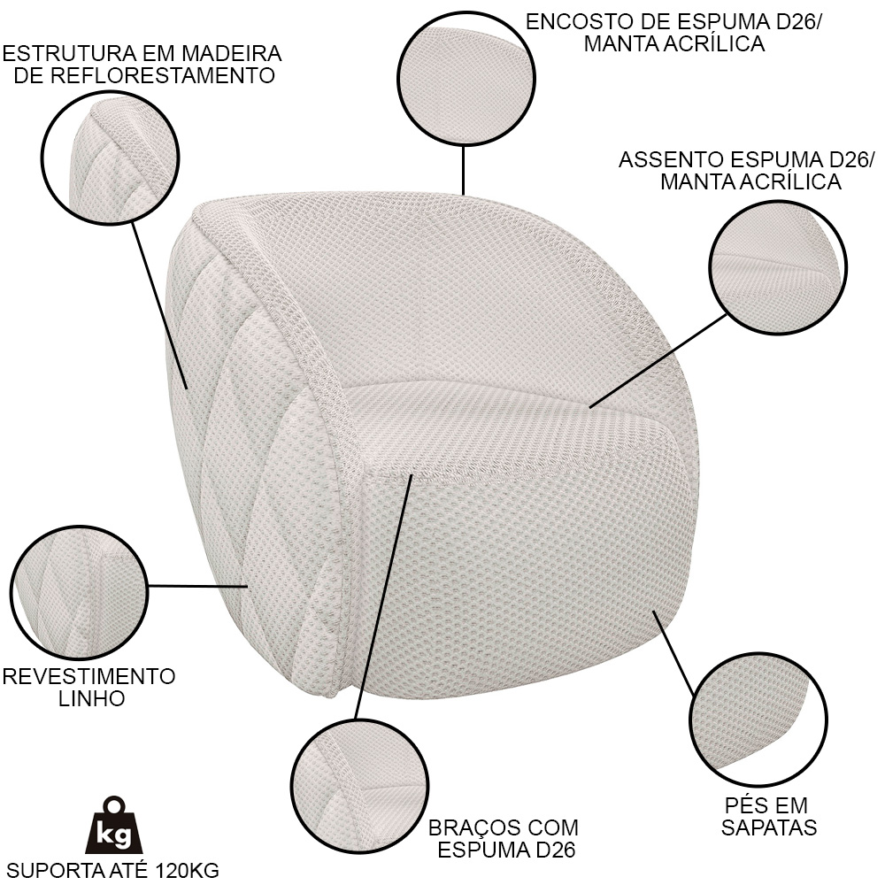 Kit 2 Poltronas Decorativa para Sala 90cm Tressê Zion M22 Linho Cru - Mpozenato