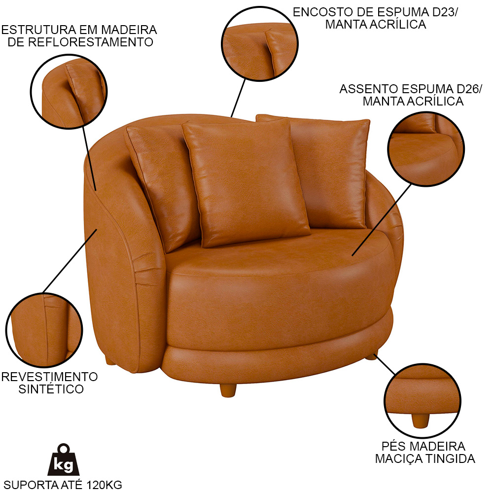Kit 2 Poltronas Decorativa para Sala Pés Madeira Kaly M22 Sintético Caramelo - Mpozenato