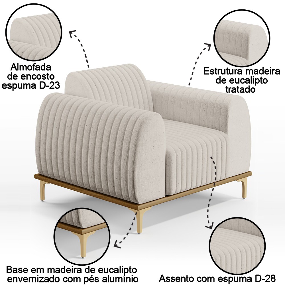 Kit 2 Poltronas Decorativas Base Gold Molino D06 Linho C-367 Cru - Mpozenato