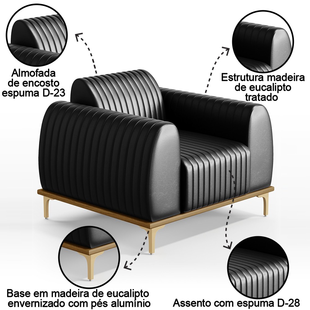 Kit 2 Poltronas Decorativas Base Gold Molino D06 PU B-159 Preto - Mpozenato