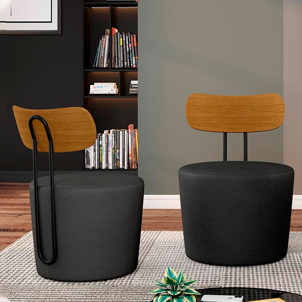 Kit 2 Poltronas Decorativas Redondas 53cm Le Moon M22 PU Preto - Mpozenato
