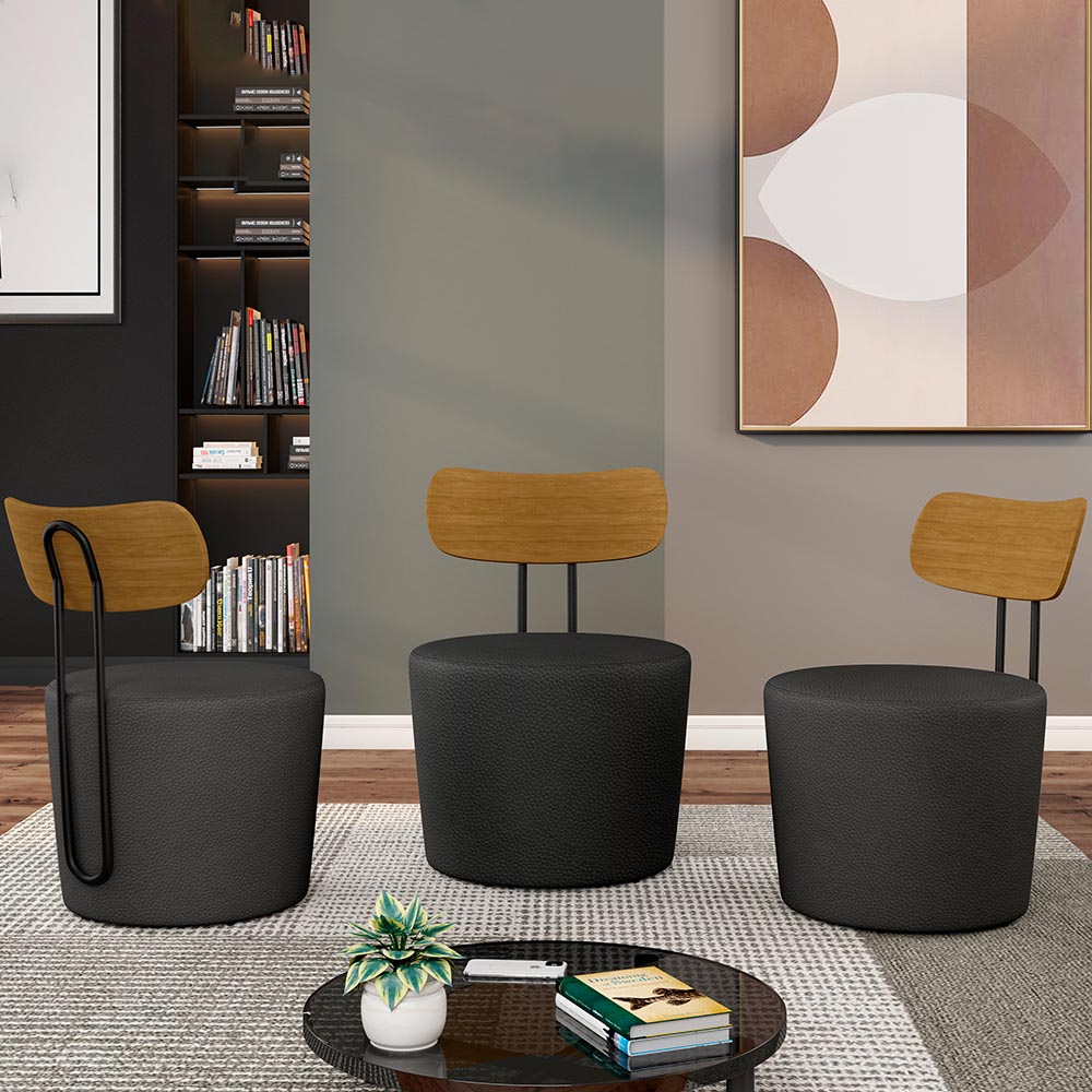 Kit 2 Poltronas Decorativas Redondas 53cm Le Moon M22 PU Preto - Mpozenato