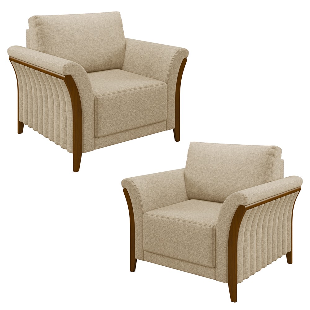 Kit 2 Poltronas Decorativas Sala de Estar 102cm Pés Madeira Roya M22 Linho Bege - Mpozenato