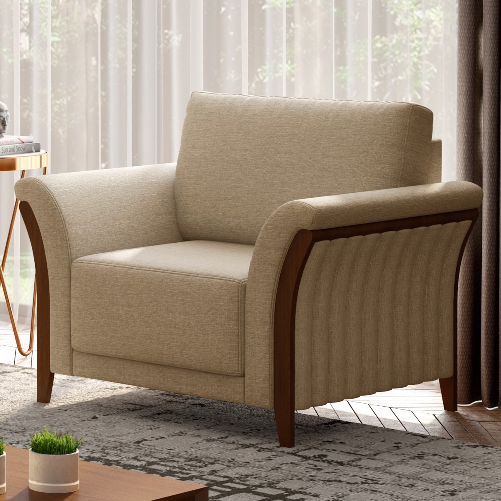Kit 2 Poltronas Decorativas Sala de Estar 102cm Pés Madeira Roya M22 Linho Bege - Mpozenato